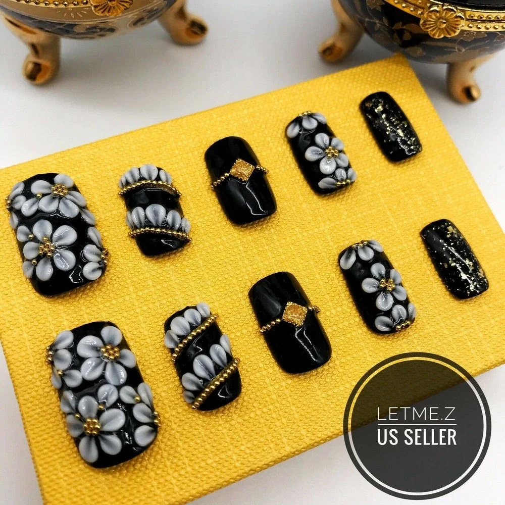 Press on Nails‎ Glue On Acrylic 3D Flower Black Gold